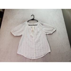 Love Stitch Blouse Top Women Small White Lace Round Neck Button Front Drawstring